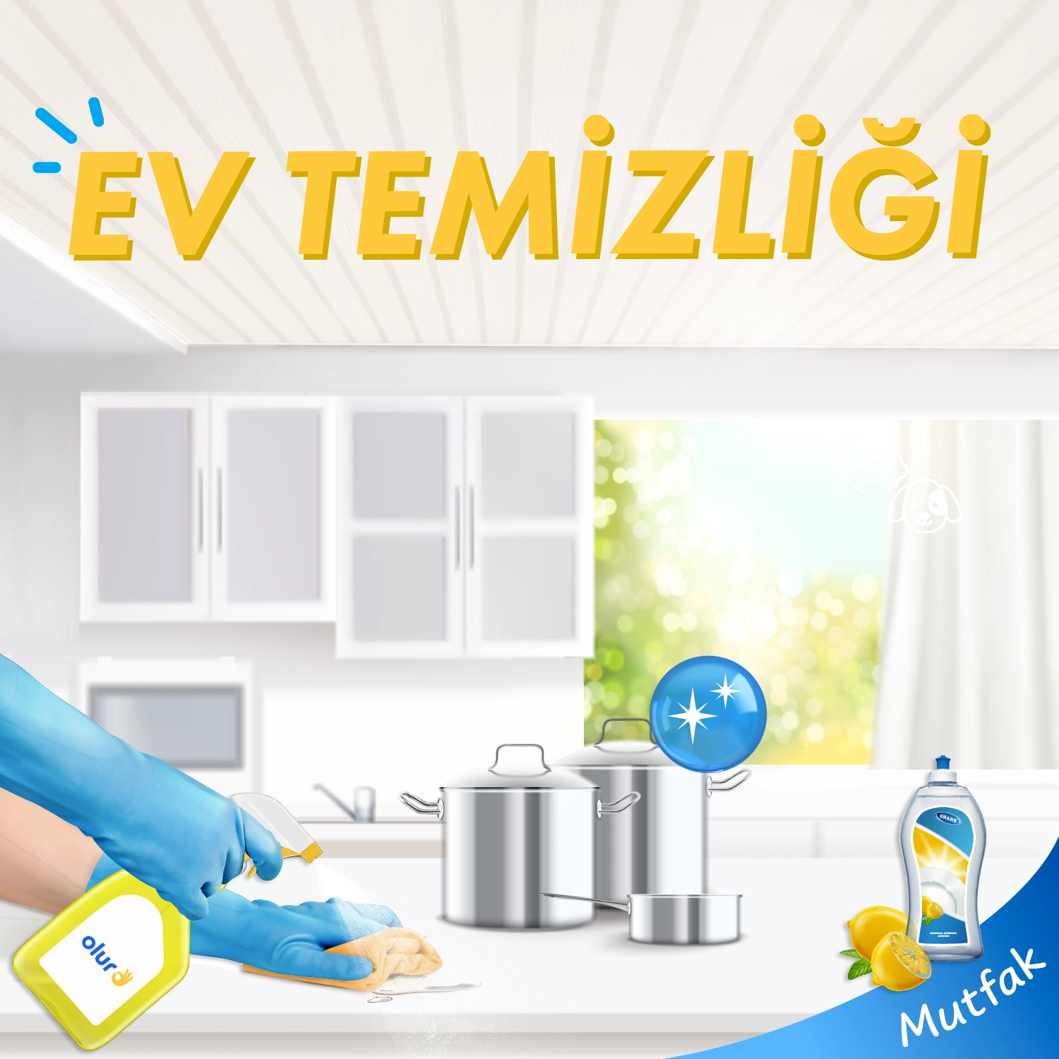 Ev temizliği yapılırken mutfaktaki fırın, dolap vb. mikrofiber bez ve temizleyici sprey ile siliniyor